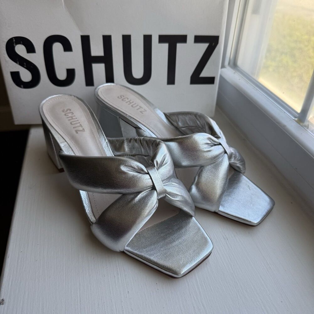 SCHUTZ Sz 9.5 Butterfly Silver Metallic Leather Twist Slip On Chunky Heels Shoes